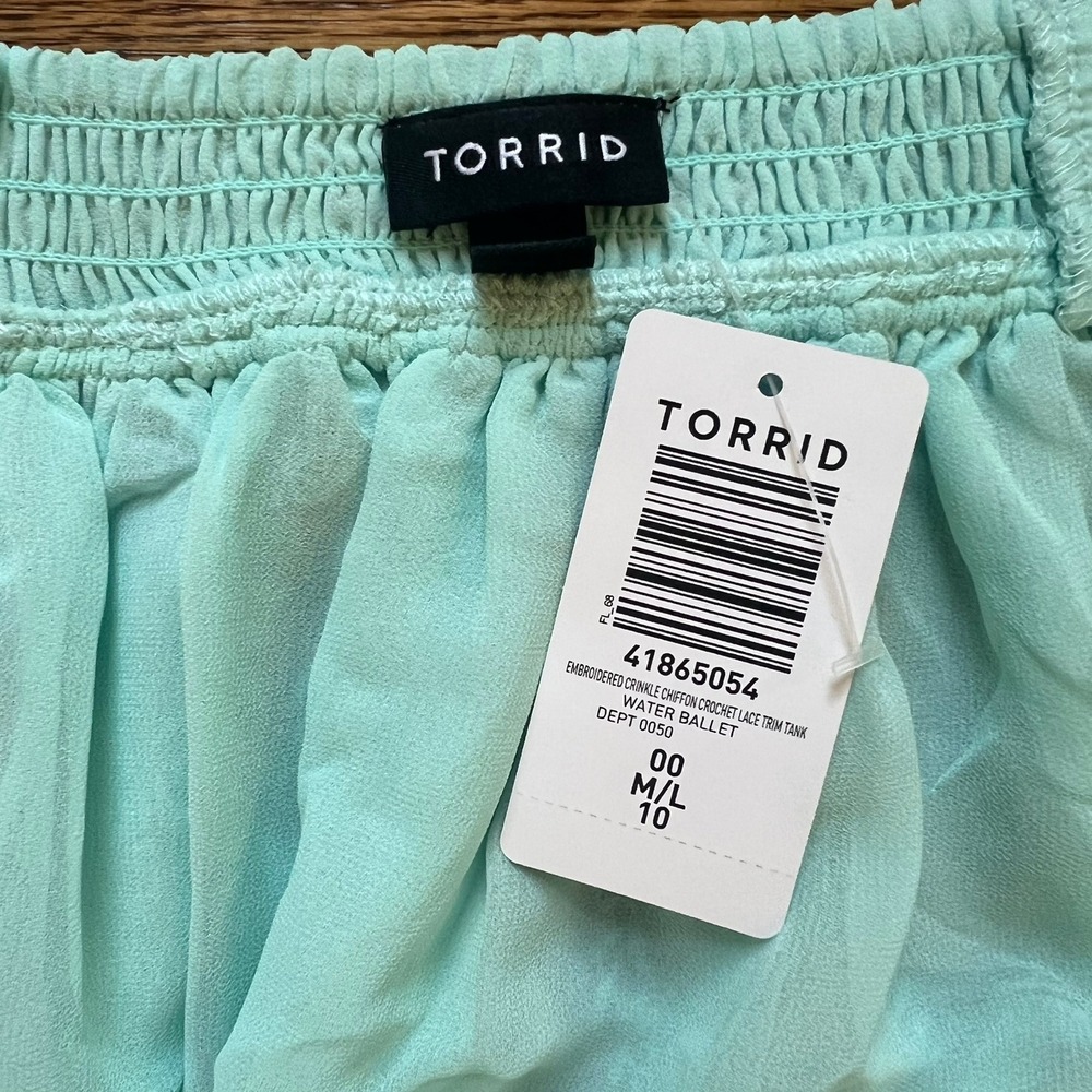 Torrid Aqua Embroidered Chiffon Crochet Lace Trim Tank Women NWT 00 M/L - Picture 5 of 6